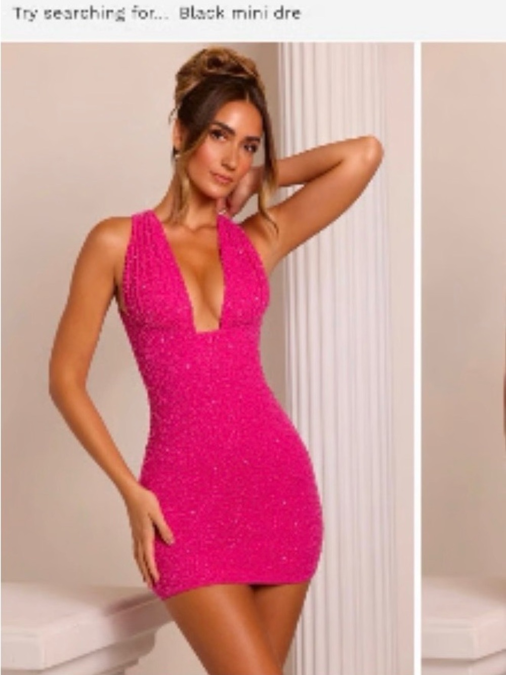 Sparkle Plunge Halter Mini Dress in Hot Pink